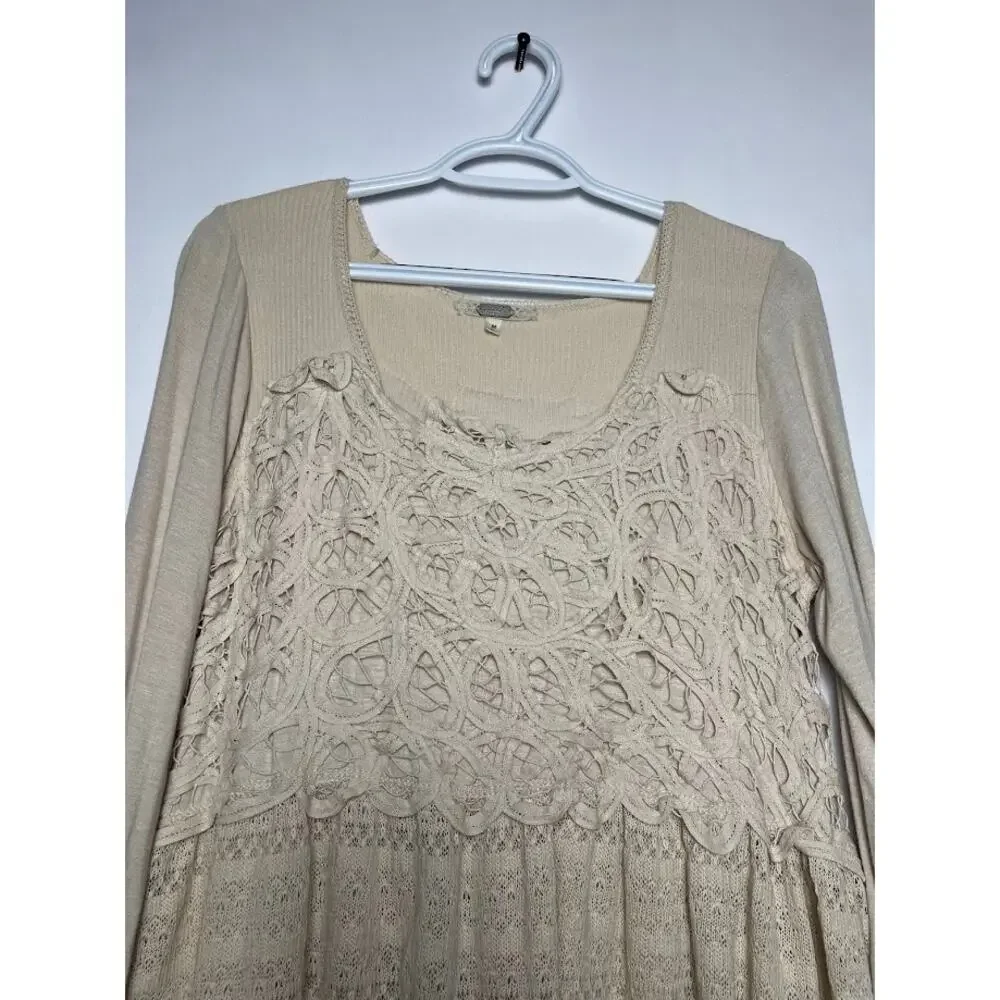 Gimmicks by BKE Crochet Tunic Top Crochet Boho Bell Sleeve Relaxed Mini Dress M